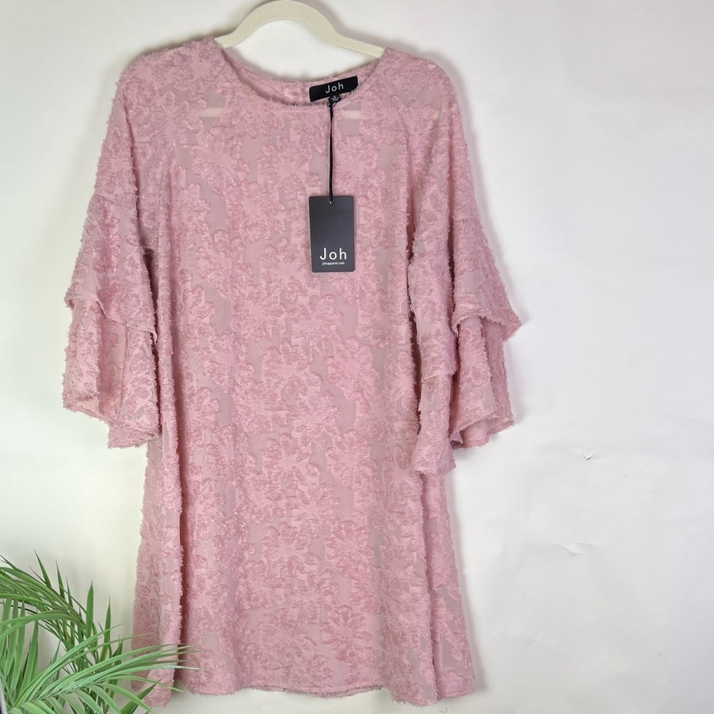 NWT Joh Pink Textured Sheer Floral Flutter Sleeve Midi Dress